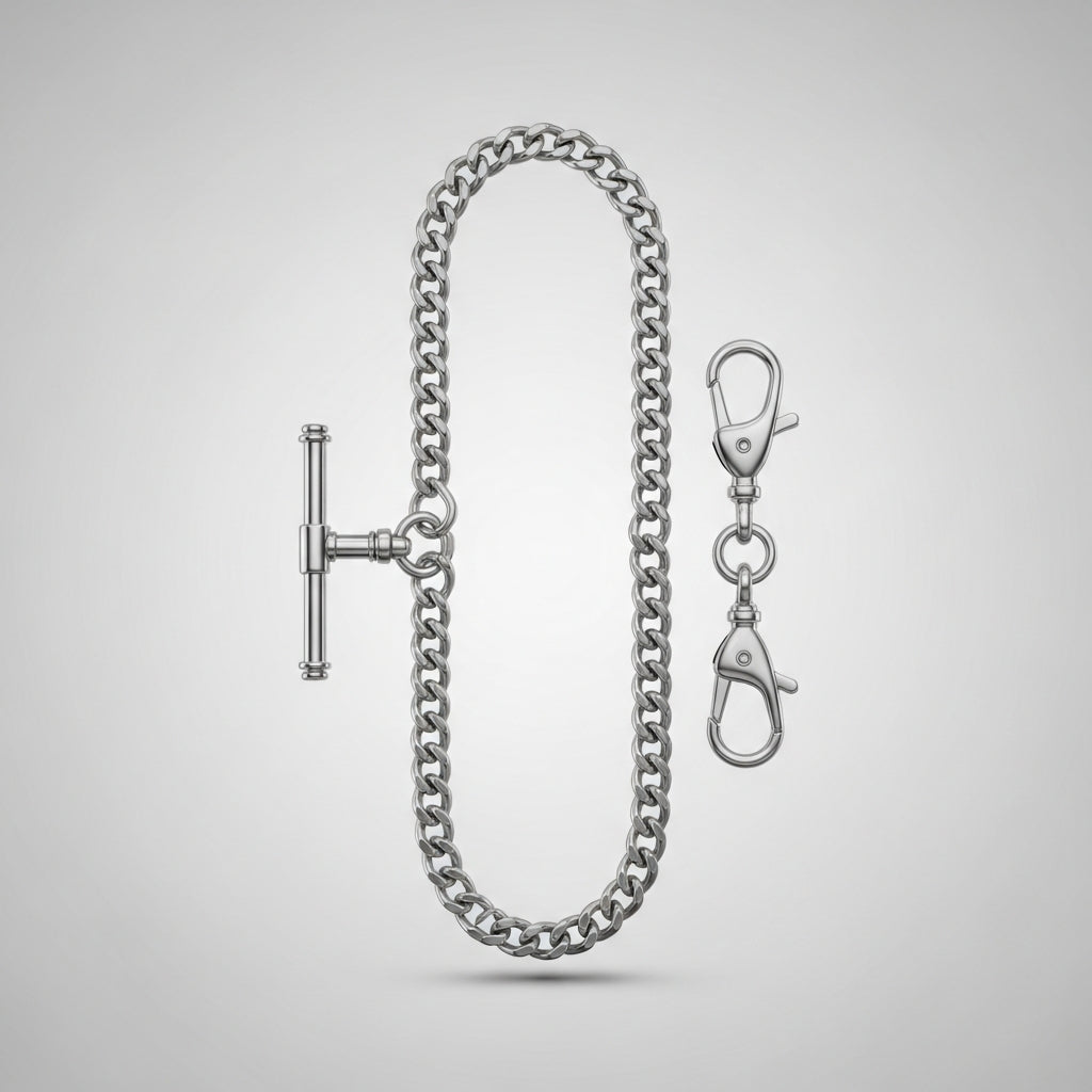 Chaîne Double Albert en métal argenté avec barre T et pendentif pour montre à gousset - Gousset Heritage