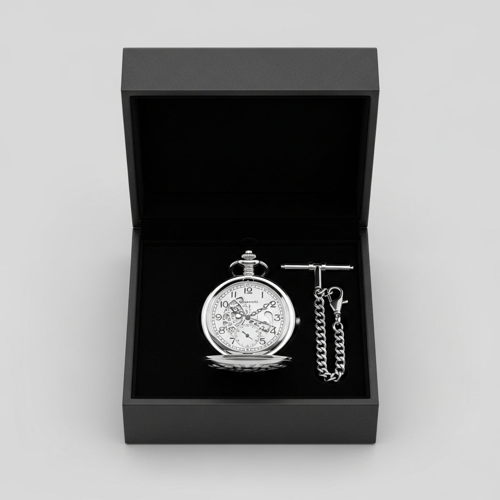 Coffret cadeau luxe ouvert avec montre à gousset argentée et sa chaîne - Gousset Heritage