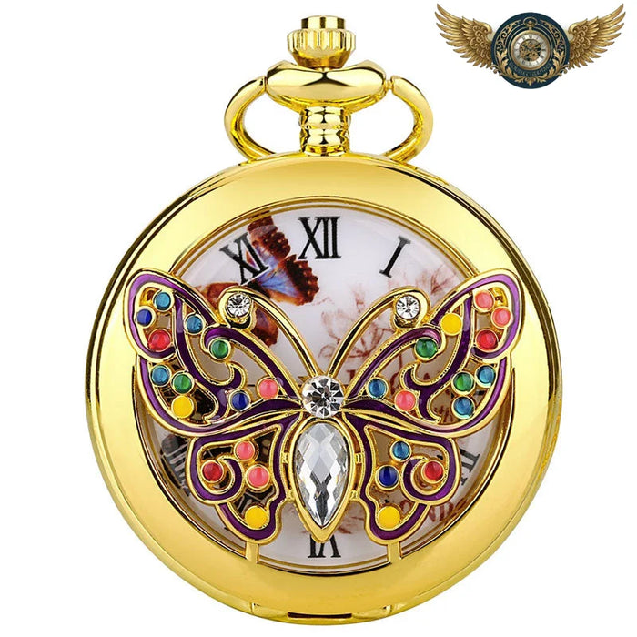 Gousset Pendentif Art Nouveau | Demi-Chasseur Doré Émail - Papillon - Gousset-heritage