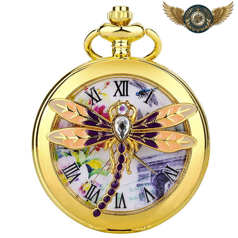 Gousset Pendentif Art Nouveau | Demi-Chasseur Doré Émail - Libellule - Gousset-heritage