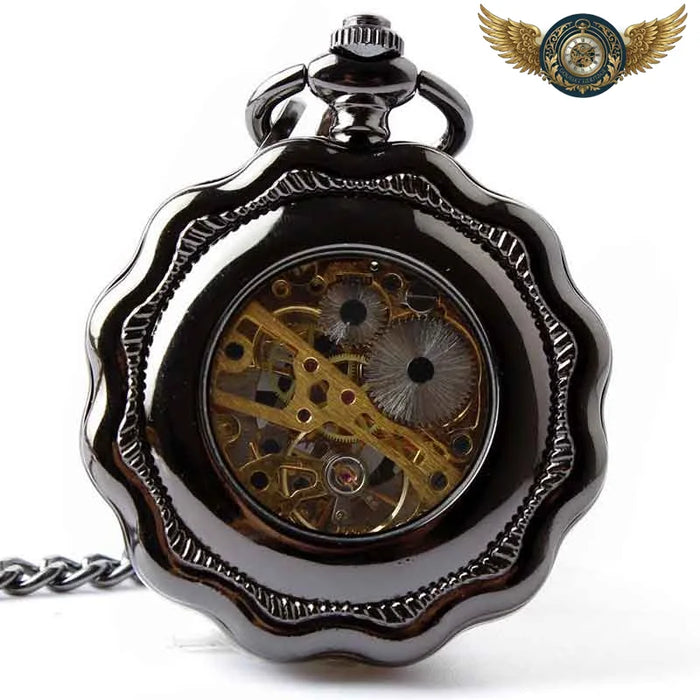 Gousset Steampunk Noir - Montre Mécanique Squelette Rosace Gravée - Vue 1 - Gousset-heritage