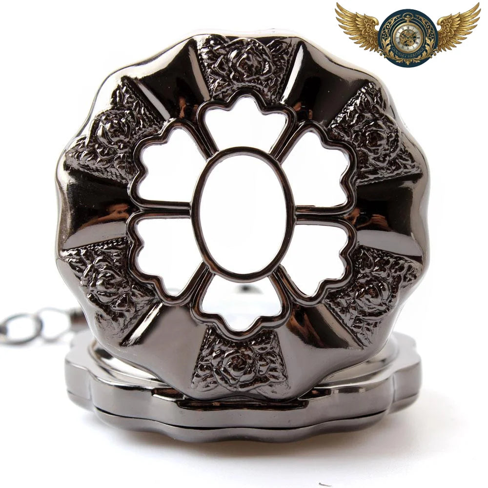Gousset Steampunk Noir - Montre Mécanique Squelette Rosace Gravée - Vue 3 - Gousset-heritage