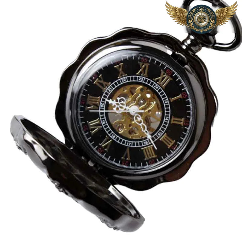 Gousset Steampunk Noir - Montre Mécanique Squelette Rosace Gravée - Vue 4 - Gousset-heritage