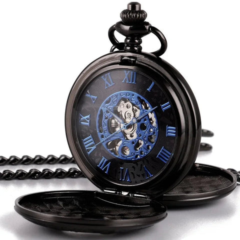 L'oracle Noir - Montre Gousset Squelette Mécanique Bleu
