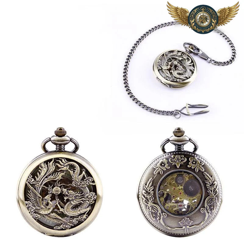 L'Équilibre Mythique - Montre Gousset Squelette Dragon Phénix - Vue 3 - Gousset-heritage