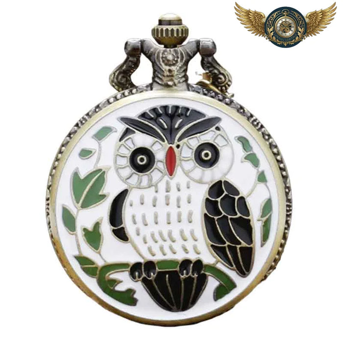 L'Érudite - Montre Pendentif Chouette Émaillée Bronze Antique - Vue 1 - Gousset-heritage