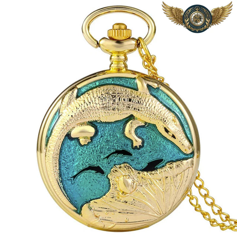 L'Océanide - Montre Pendentif Dorée Émail Bleu et Perle Nacrée - Crocodile sans perle - Gousset-heritage