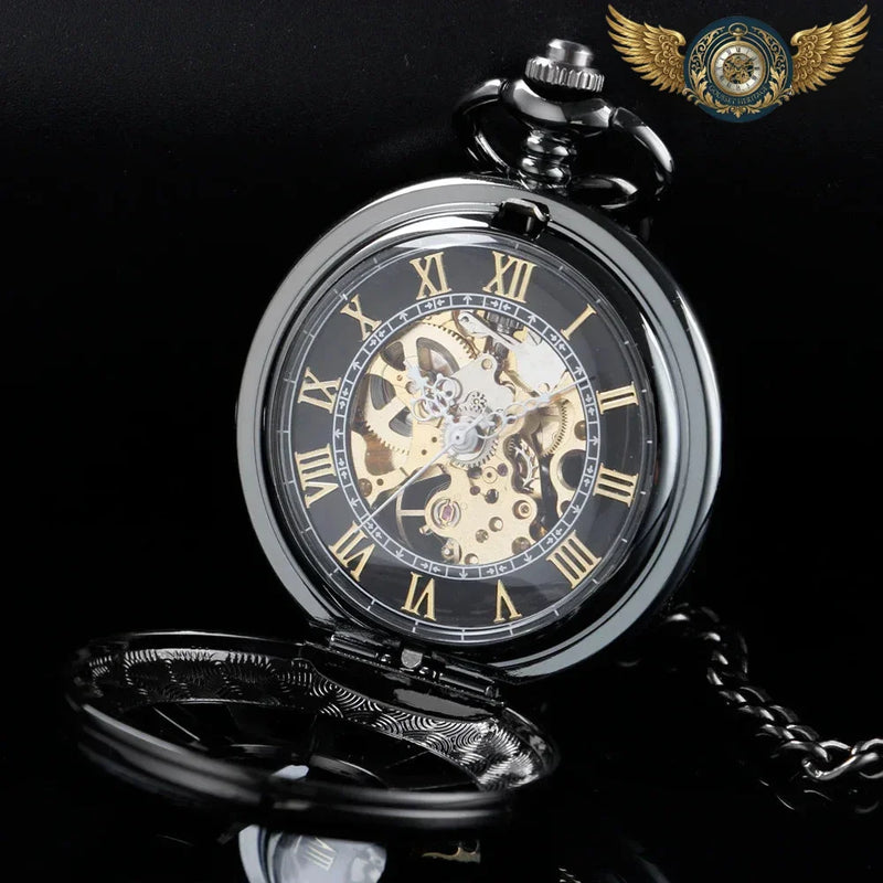L'Ombre - Montre Gousset Mécanique Squelette Noir Demi-Chasseur