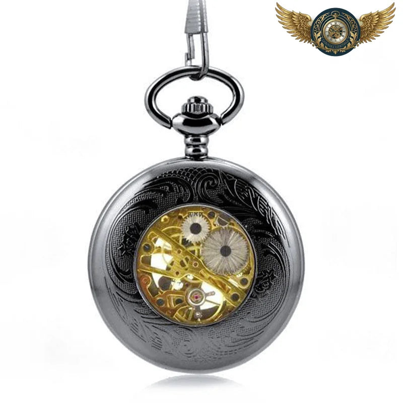 L'Ombre Dorée - Montre Gousset Squelette Mécanique Gunmetal - Chaine collier (80 cm) - Gousset-heritage