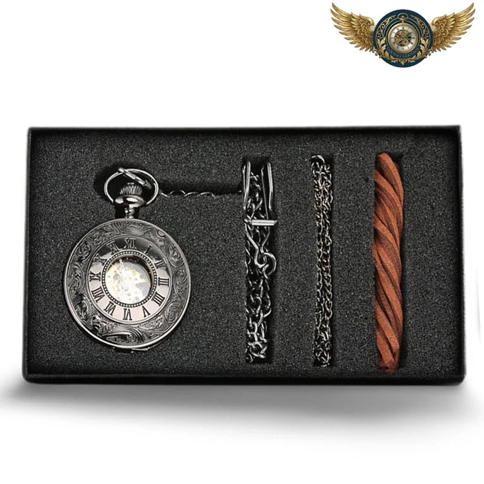 L'Ombre Gravée - Montre Gousset Mécanique Squelette Noir Chasseur - Vue 1 - Gousset-heritage