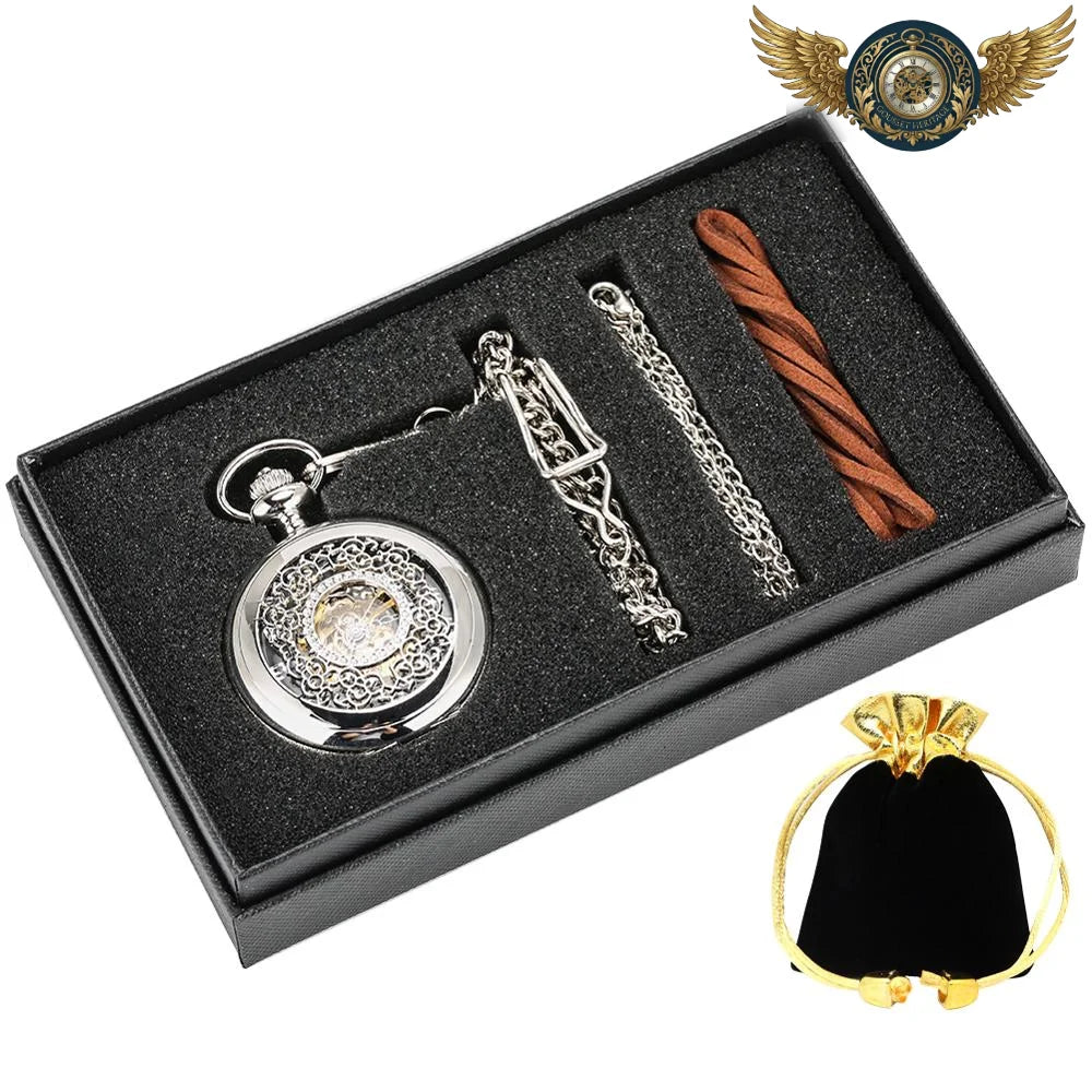 L'Ombre Gravée - Montre Gousset Mécanique Squelette Noir Chasseur - silver watch set - Gousset-heritage