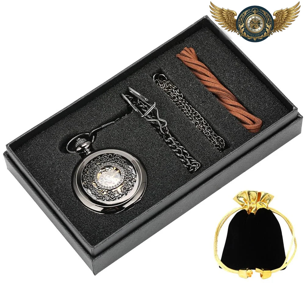 L'Ombre Gravée - Montre Gousset Mécanique Squelette Noir Chasseur - black watch set - Gousset-heritage