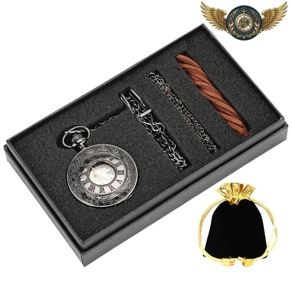 L'Ombre Gravée X - Montre Gousset Mécanique Squelette Noir Chasseur X - number watch set - Gousset-heritage