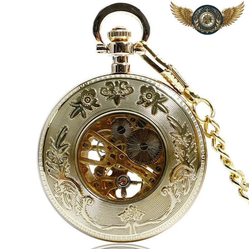 L'Opulente - Montre Gousset Mécanique Squelette Dorée Gravée
