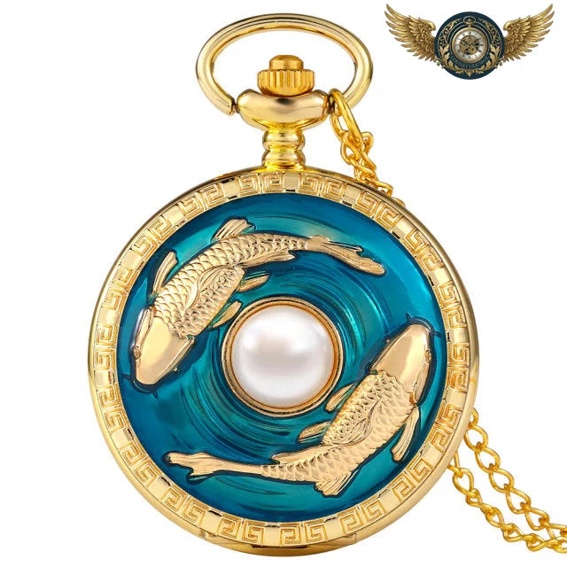 La Naïade - Montre Pendentif Chasseur Or & Émail Aquatique - Poisson Bleu - Gousset-heritage