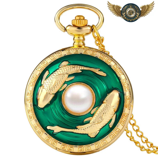La Naïade - Montre Pendentif Chasseur Or & Émail Aquatique