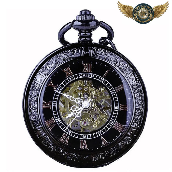 Le Charbonnier - Montre Gousset Mécanique Squelette Gravée Noire - Vue 1 - Gousset-heritage