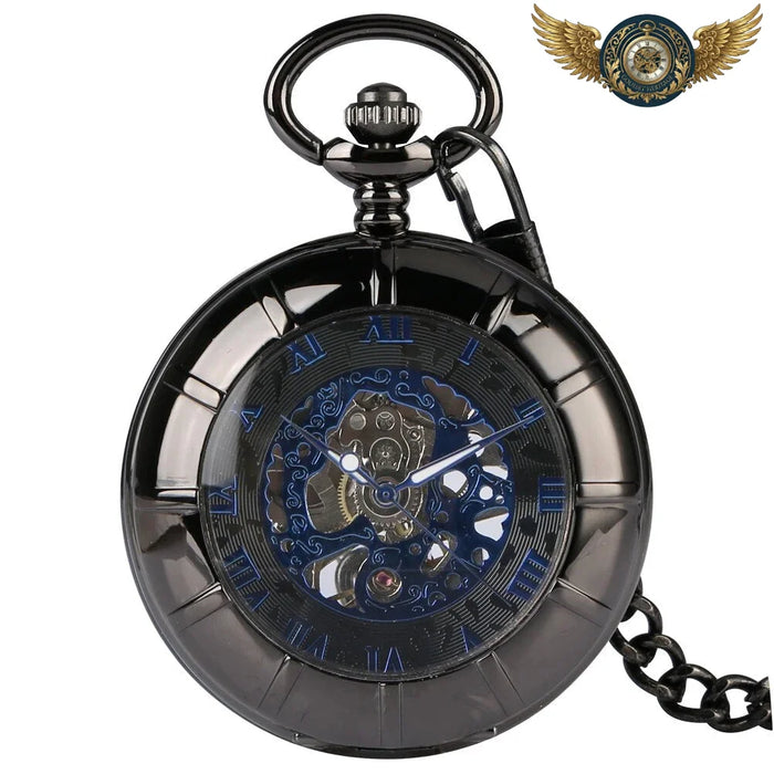 Le Chronos Noir : Montre Gousset Demi-Chasseur, Cœur Bleu Squelette - Vue 1 - Gousset-heritage