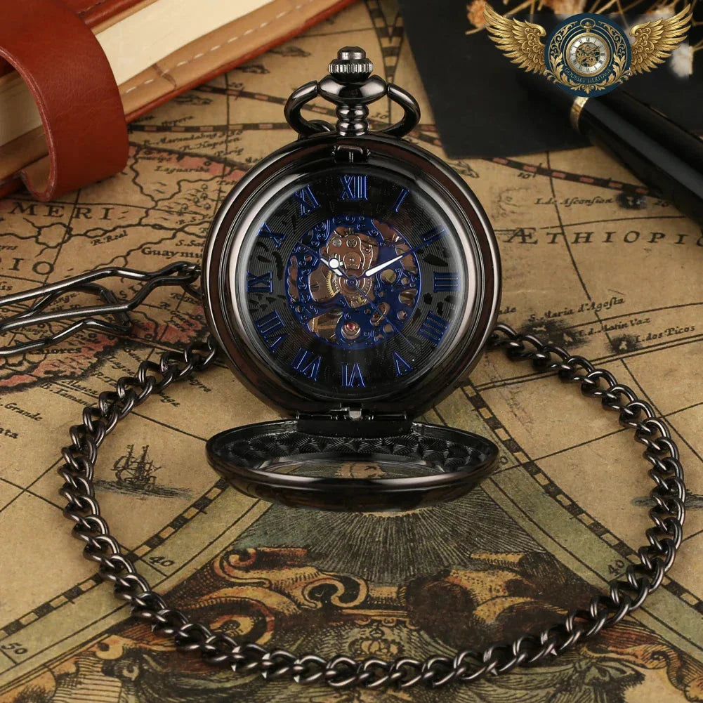 Le Chronos Noir : Montre Gousset Demi-Chasseur, Cœur Bleu Squelette - Vue 3 - Gousset-heritage