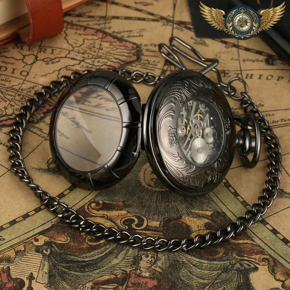 Le Chronos Noir : Montre Gousset Demi-Chasseur, Cœur Bleu Squelette - Vue 4 - Gousset-heritage