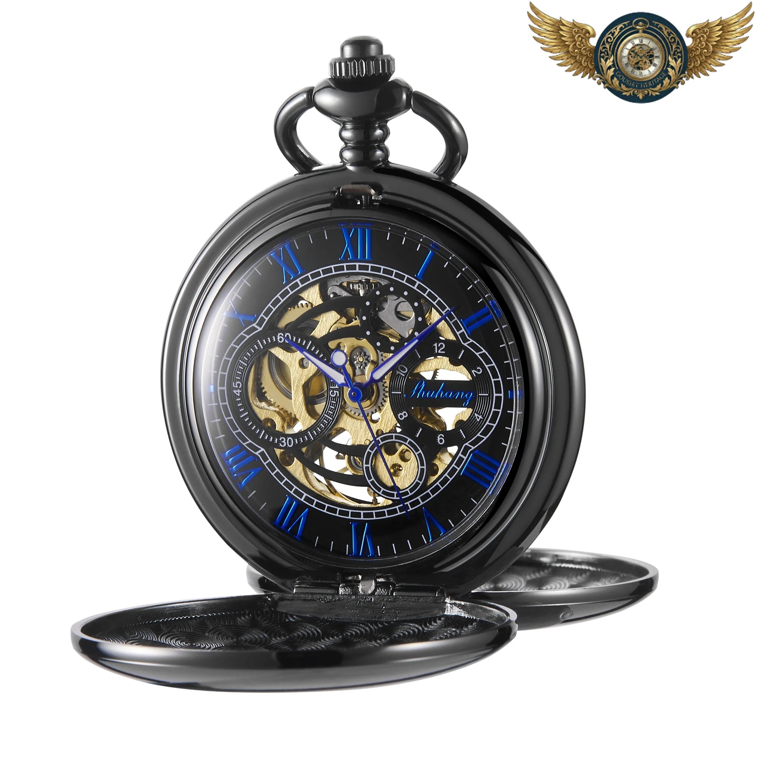 Le Dandy - Montre Gousset Mécanique Squelette Double Chasseur Noir - Vue 2 - Gousset-heritage
