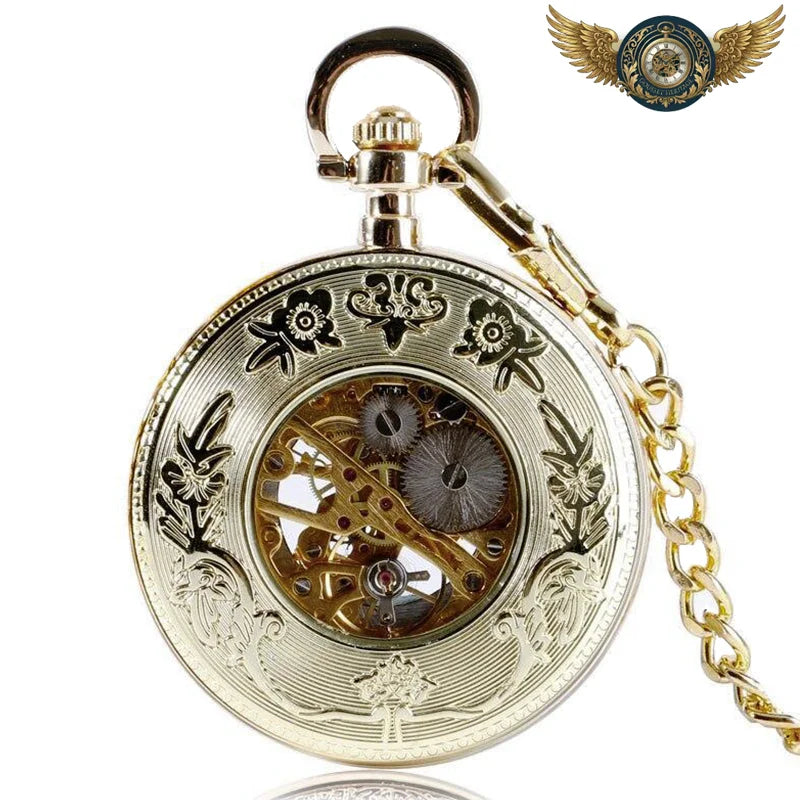 Le Flamboyant - Montre Gousset Squelette Mécanique Dorée Gravée