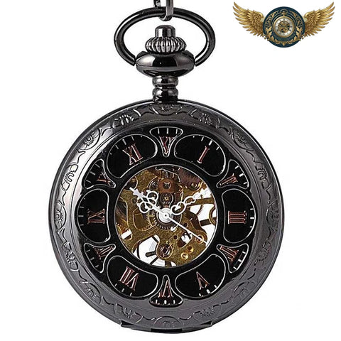 Le Nocturne - Montre Gousset Mécanique Squelette Noir Gravé - Vue 1 - Gousset-heritage