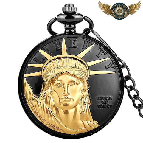 Le Souverain - Montre de Poche Noire et Or, Boîtier Chasseur - Statue de la Liberté - Gousset-heritage