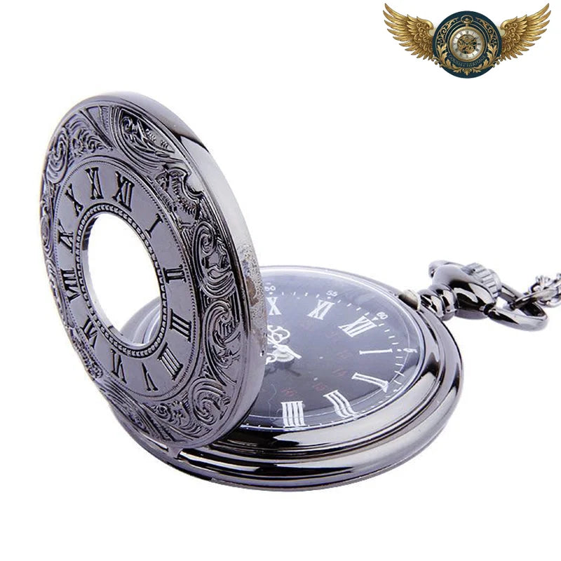 Le Spectre - Montre Gousset Demi-Savonnette Noire Quartz Gravée - Vue 4 - Gousset-heritage