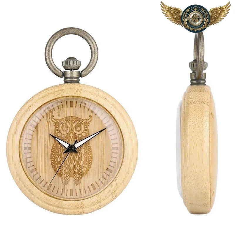 Le Sylvestre - Montre de Poche en Bois Clair Gravure Hibou - Vue 3 - Gousset-heritage