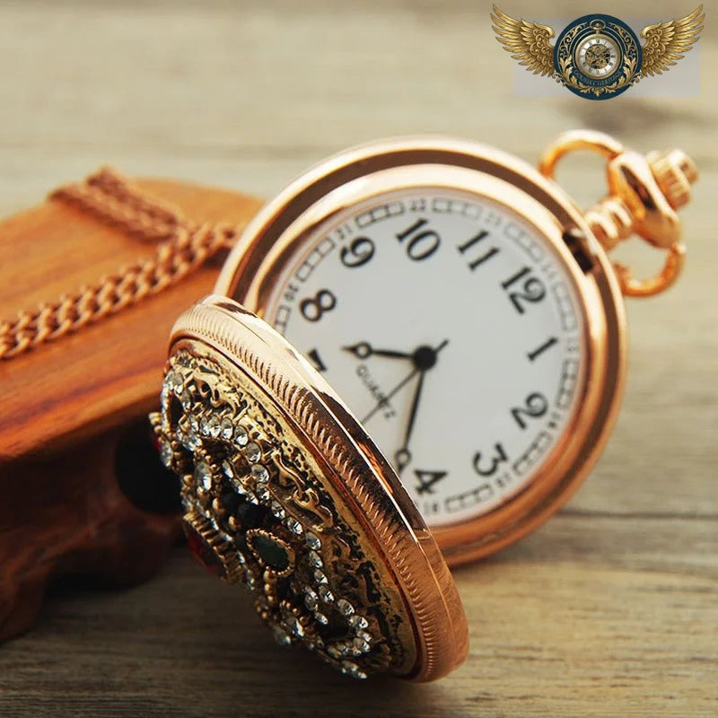 Médaillon Rococo – Montre Pendentif Chasseur Doré & Strass - Vue 5 - Gousset-heritage