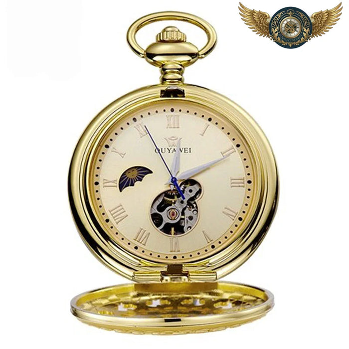 Montre Gousset Full Hunter Dorée Mécanique - Cœur Apparent & Lune - Or - Gousset-heritage