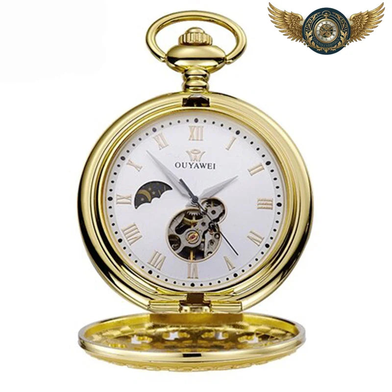 Montre Gousset Full Hunter Dorée Mécanique - Cœur Apparent & Lune - Blanc - Gousset-heritage