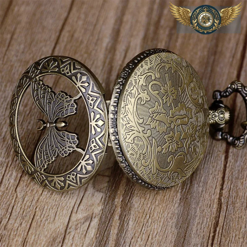Montre Gousset Ornementée Papillon | Bronze Antique & Chaîne Sautoir - Vue 4 - Gousset-heritage