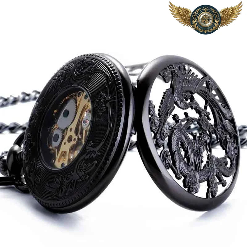 Montre Gousset Squelette Mécanique - Dragon Phénix, Acier Noir - Vue 12 - Gousset-heritage
