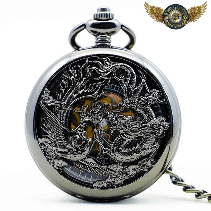 Montre Gousset Squelette Mécanique - Dragon Phénix, Acier Noir - Vue 1 - Gousset-heritage