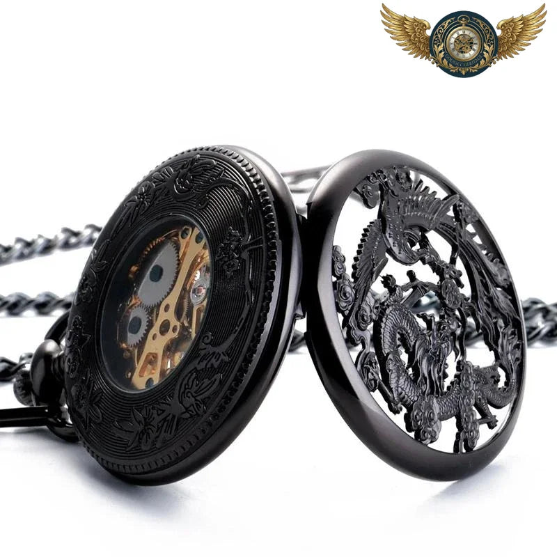 Montre Gousset Squelette Mécanique - Dragon Phénix, Acier Noir - Vue 2 - Gousset-heritage