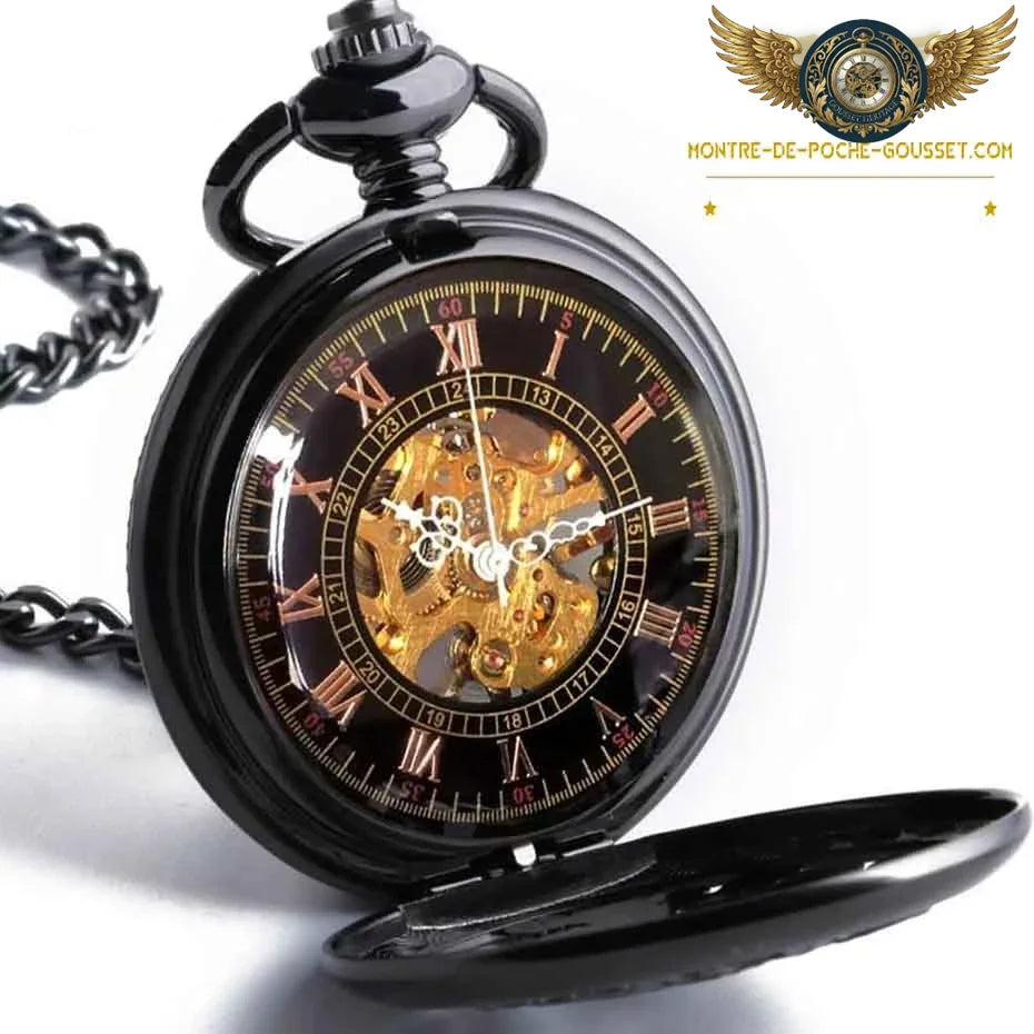 Montre Gousset Squelette Mécanique - Dragon Phénix, Acier Noir - Vue 3 - Gousset-heritage