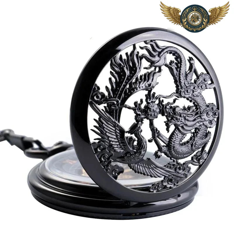 Montre Gousset Squelette Mécanique - Dragon Phénix, Acier Noir - Vue 4 - Gousset-heritage