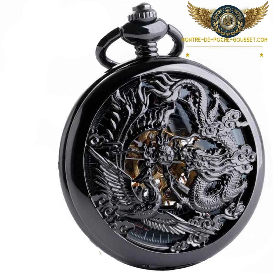 Montre Gousset Squelette Mécanique - Dragon Phénix, Acier Noir - Vue 5 - Gousset-heritage