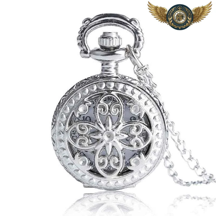 Montre Pendentif Médaillon Fleurie Argentée - Mouvement Quartz - Vue 1 - Gousset-heritage