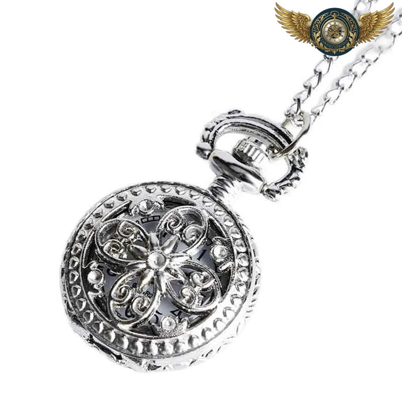 Montre Pendentif Médaillon Fleurie Argentée - Mouvement Quartz - Vue 5 - Gousset-heritage