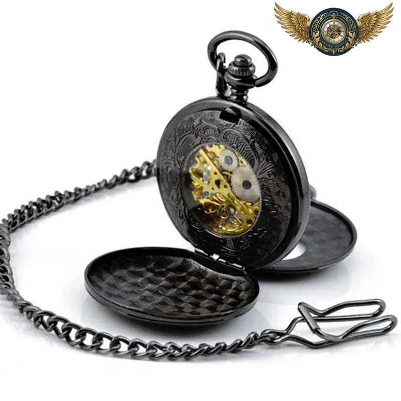 Néo-Victorienne - Montre Gousset Squelette Gravée Noire - Vue 2 - Gousset-heritage