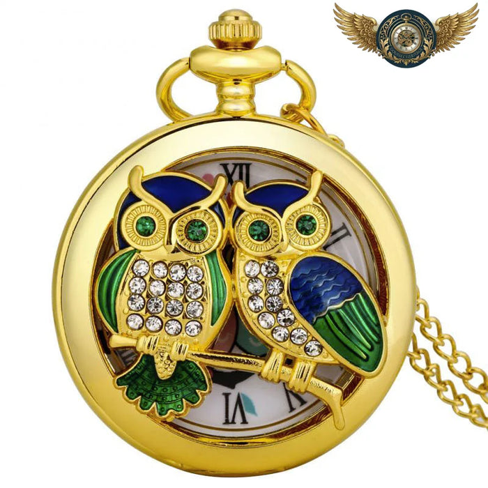 Pendentif Montre de Poche Doré Zircon & Émaux | Quartz - Hibou 80cm - Gousset-heritage