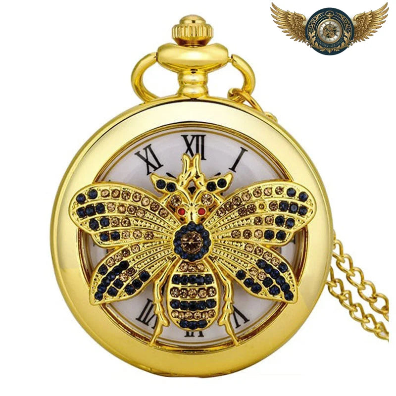 Pendentif Montre de Poche Doré Zircon & Émaux | Quartz - Abeille 80cm - Gousset-heritage