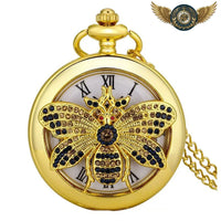 Pendentif Montre de Poche Doré Zircon & Émaux | Quartz - modèle Abeille 80cm - Gousset-heritage
